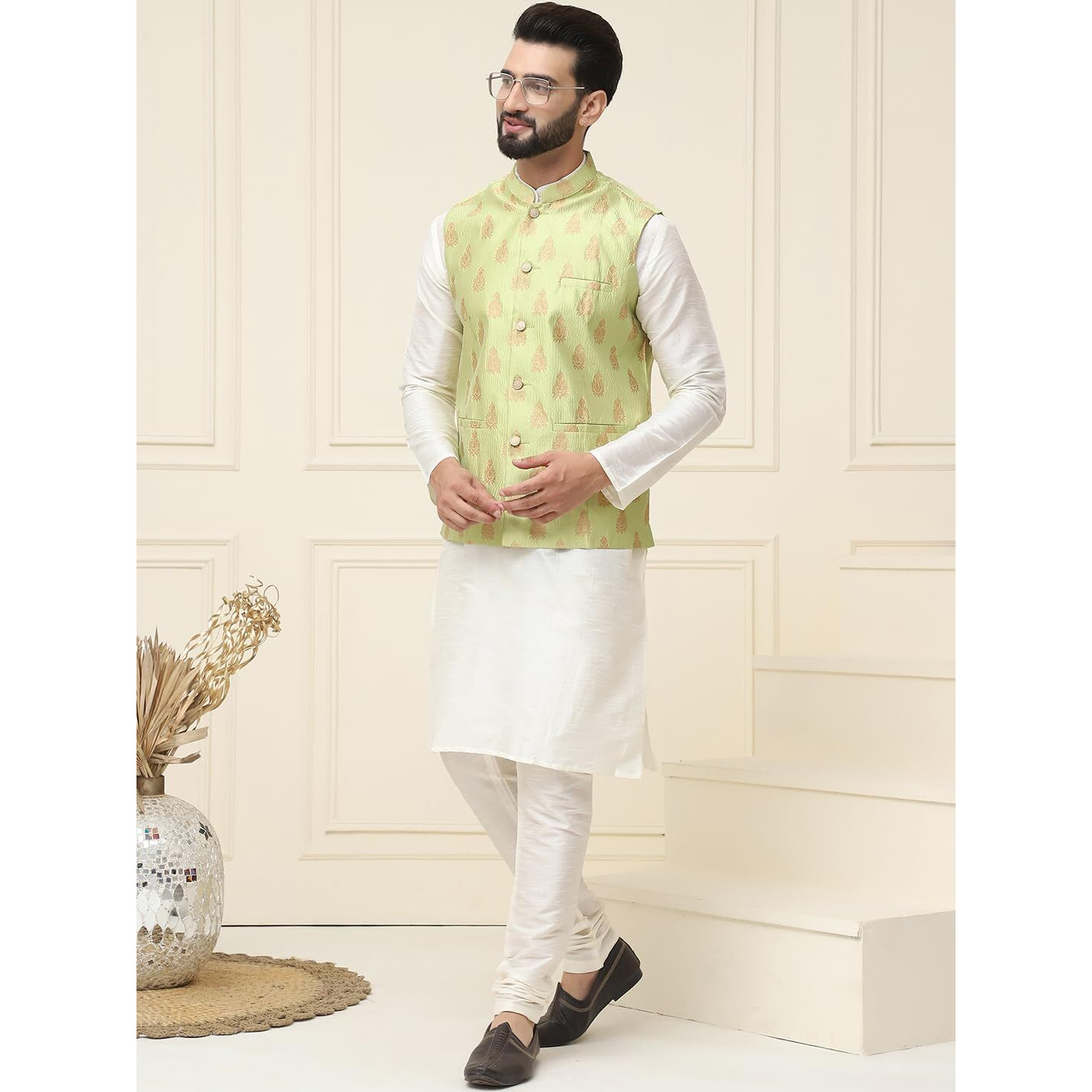 Sojanya (Since 1958 Men's Silk Blend Cream Kurta Pyjama With Green Nehrujacket Set