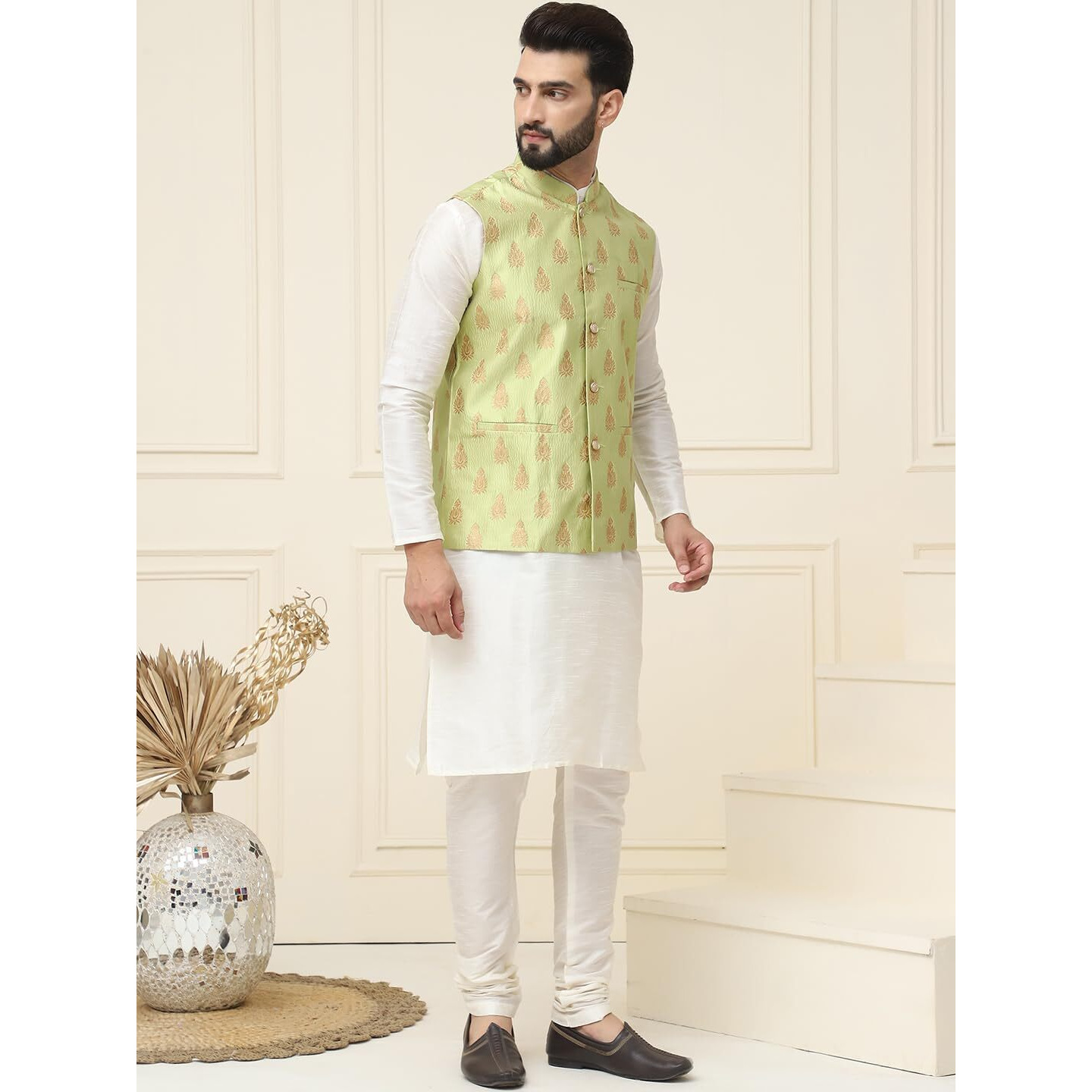 Sojanya (Since 1958 Men's Silk Blend Cream Kurta Pyjama With Green Nehrujacket Set
