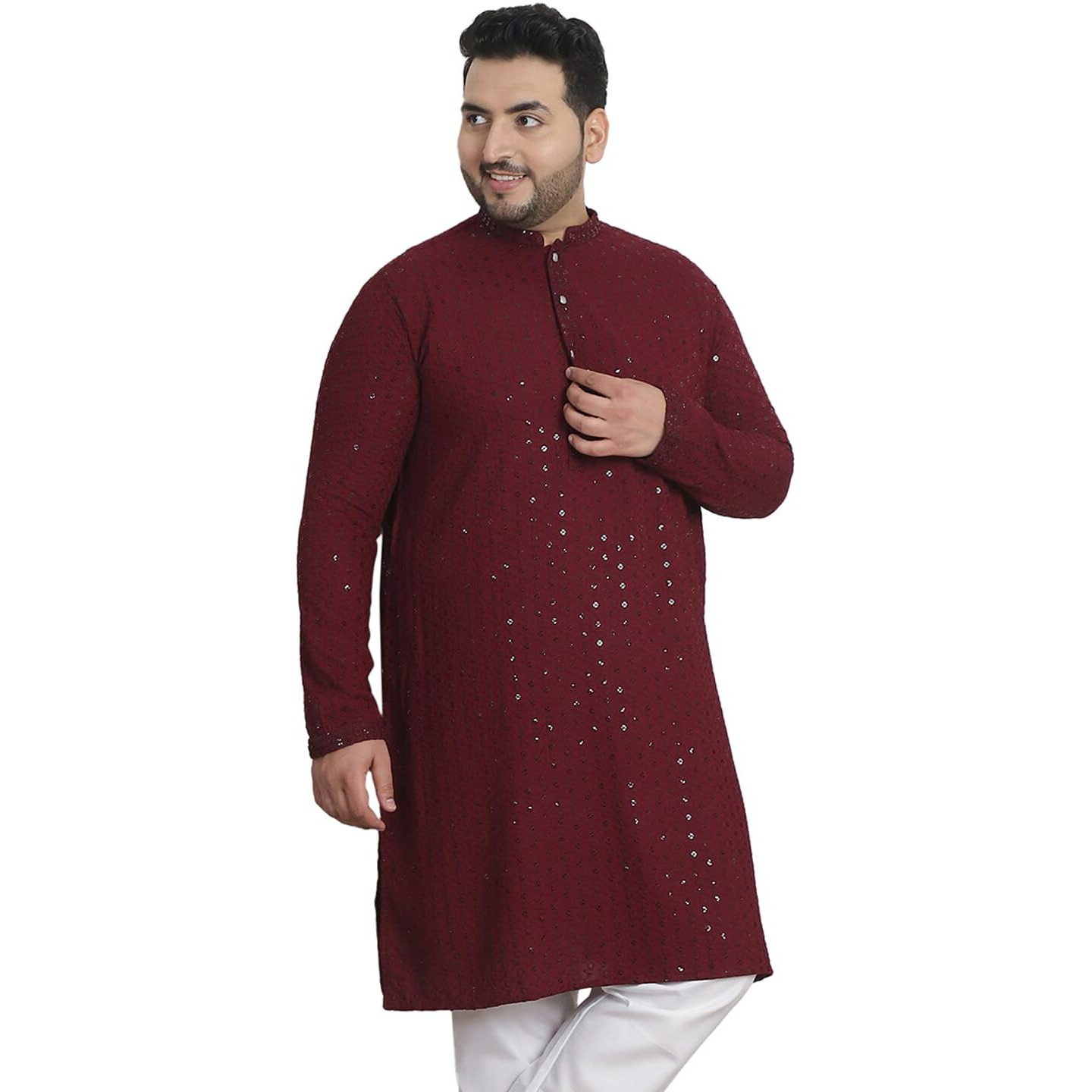 Sojanya Plus (Since 1958) Men's Cotton Sequinned Embroidered Wine Long Kurta