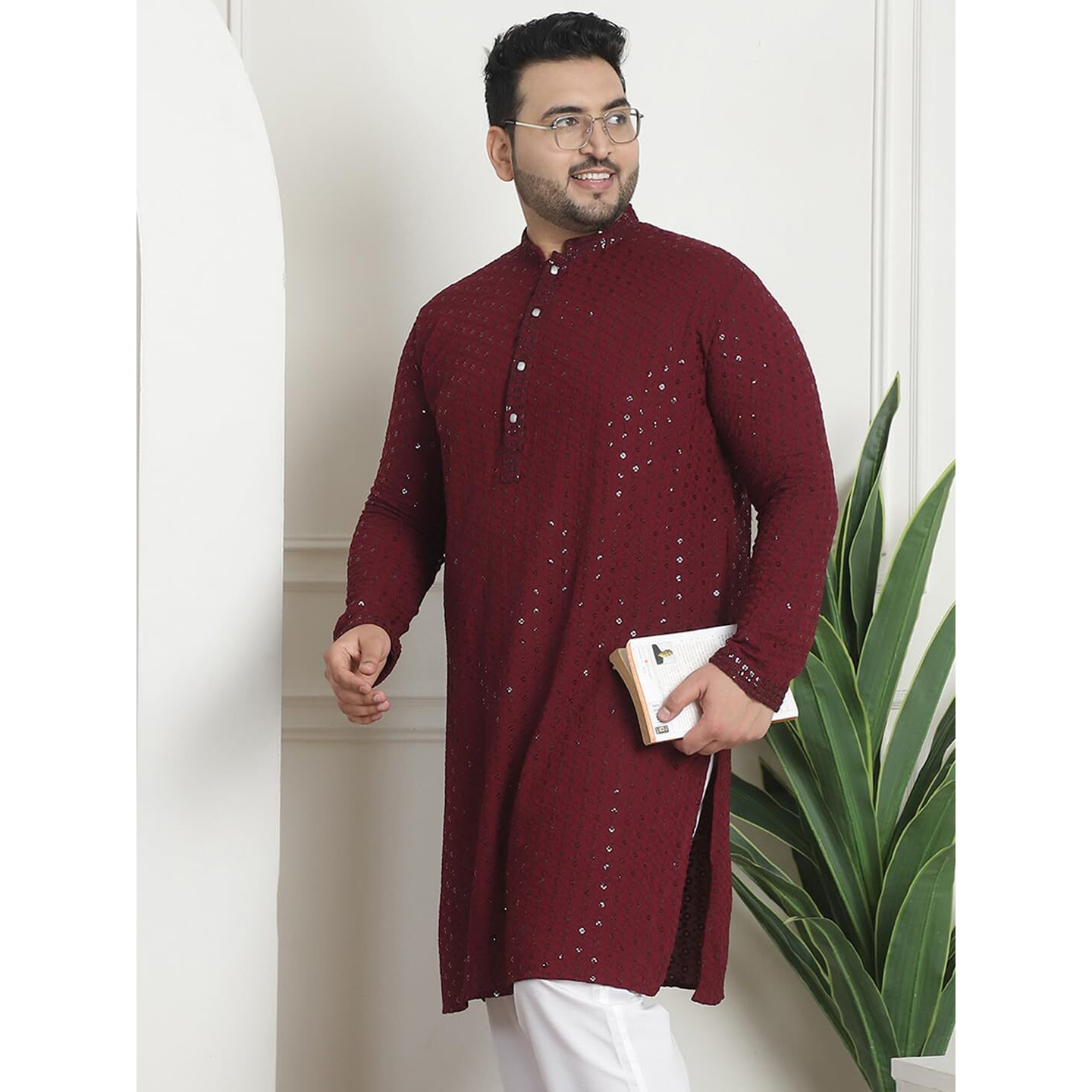 Sojanya Plus (Since 1958) Men's Cotton Sequinned Embroidered Wine Long Kurta