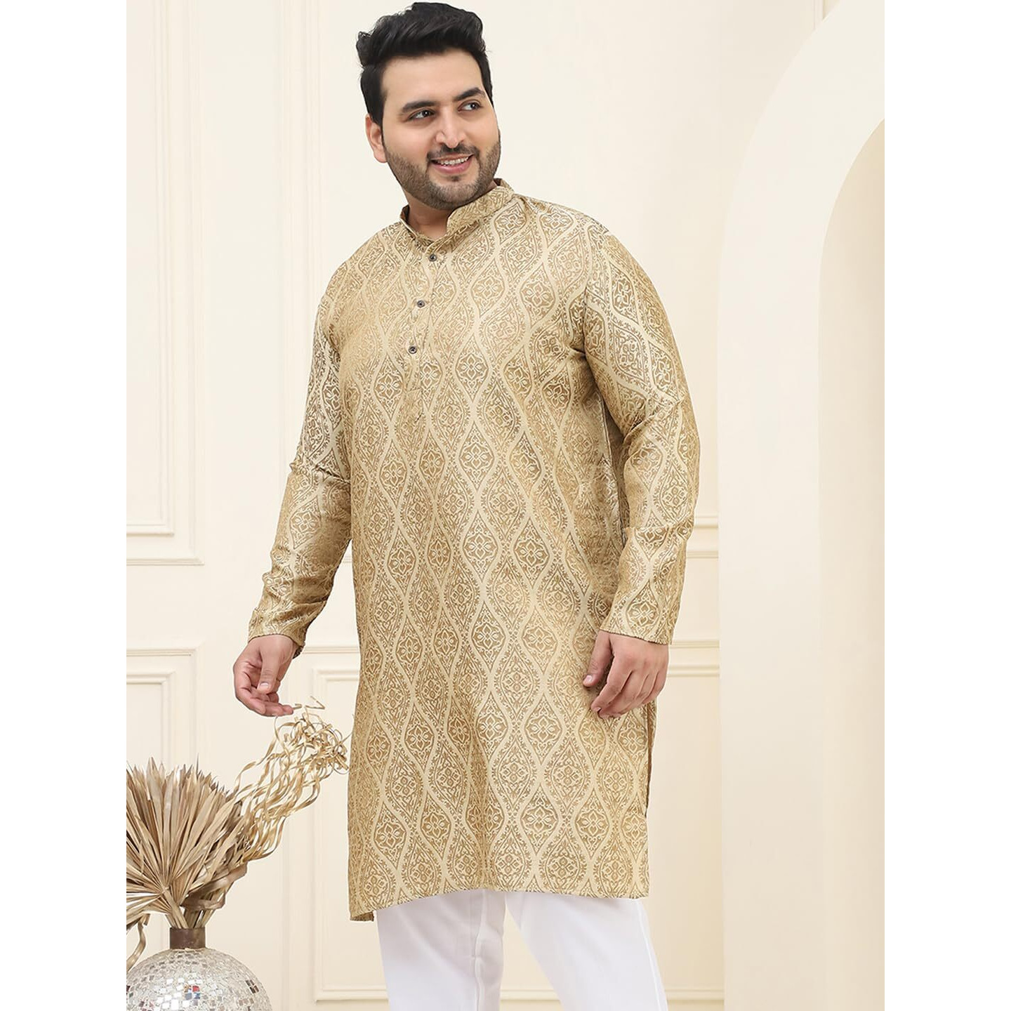Sojanya Plus (Since 1958) Men's Jacquard Silk Beige & Gold Only Long Kurta