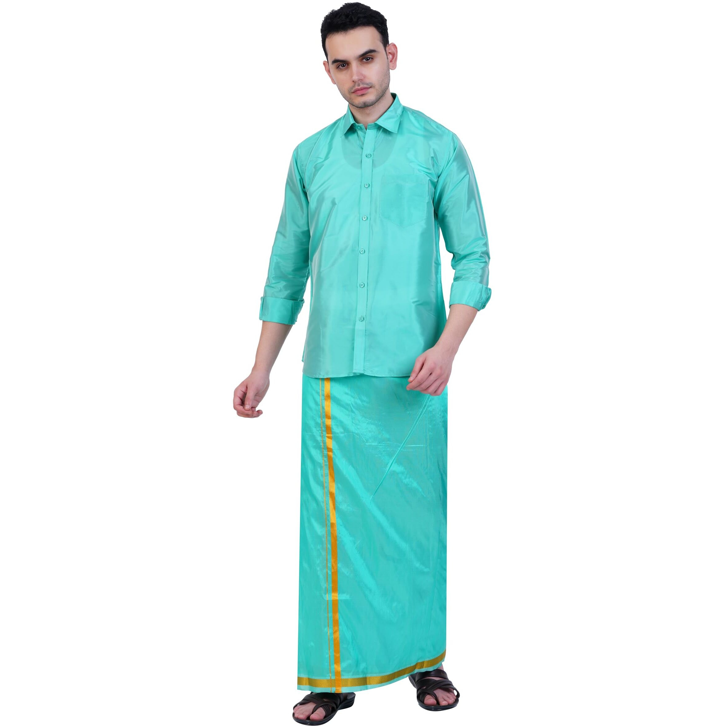 Prakasam Cotton-Mens Art Silk Wedding Set/Art Silk 8 Mulam (8-Yard) Dhoti And Stitched Full Sleeve Shirt