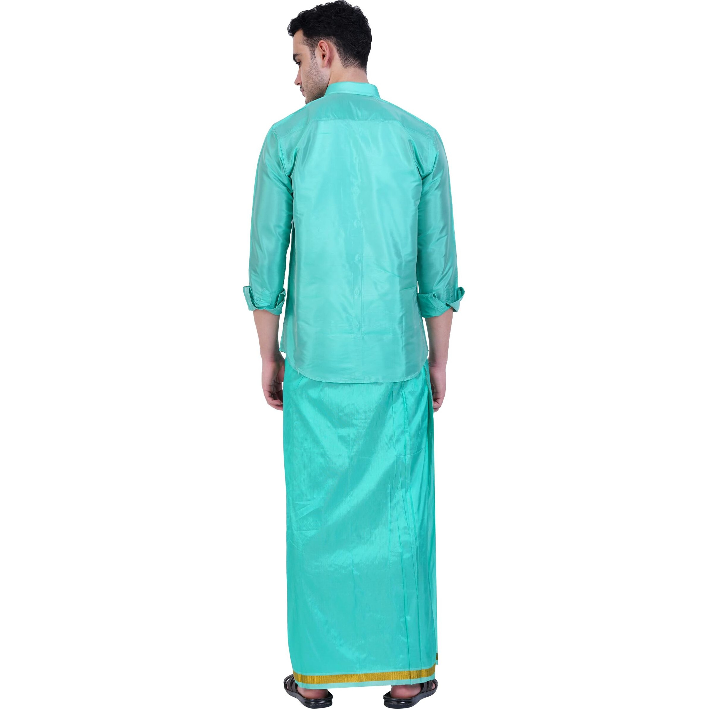 Prakasam Cotton-Mens Art Silk Wedding Set/Art Silk 8 Mulam (8-Yard) Dhoti And Stitched Full Sleeve Shirt