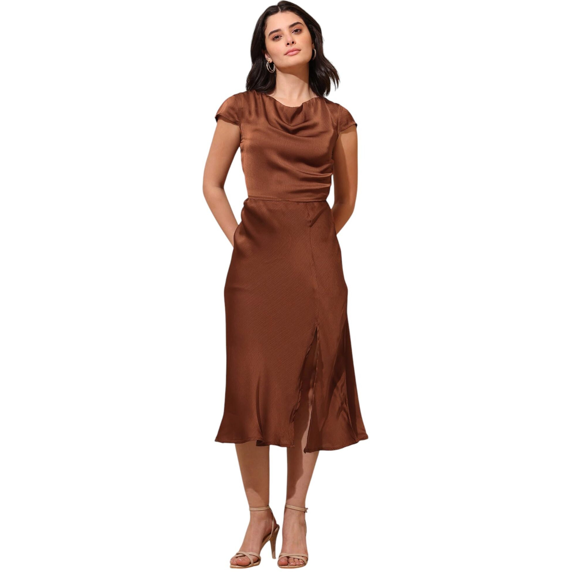 Purvaja Womens Cowl Neck Silk Blend Dress (Floe-118-Xxl_Brown)