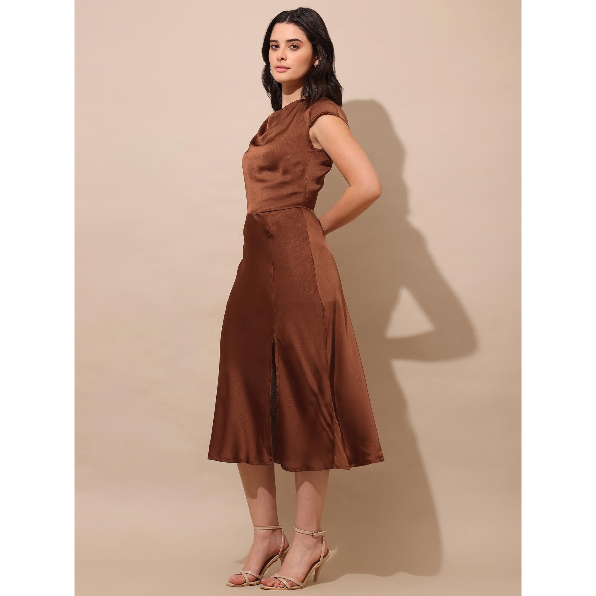 Purvaja Womens Cowl Neck Silk Blend Dress (Floe-118-Xxl_Brown)