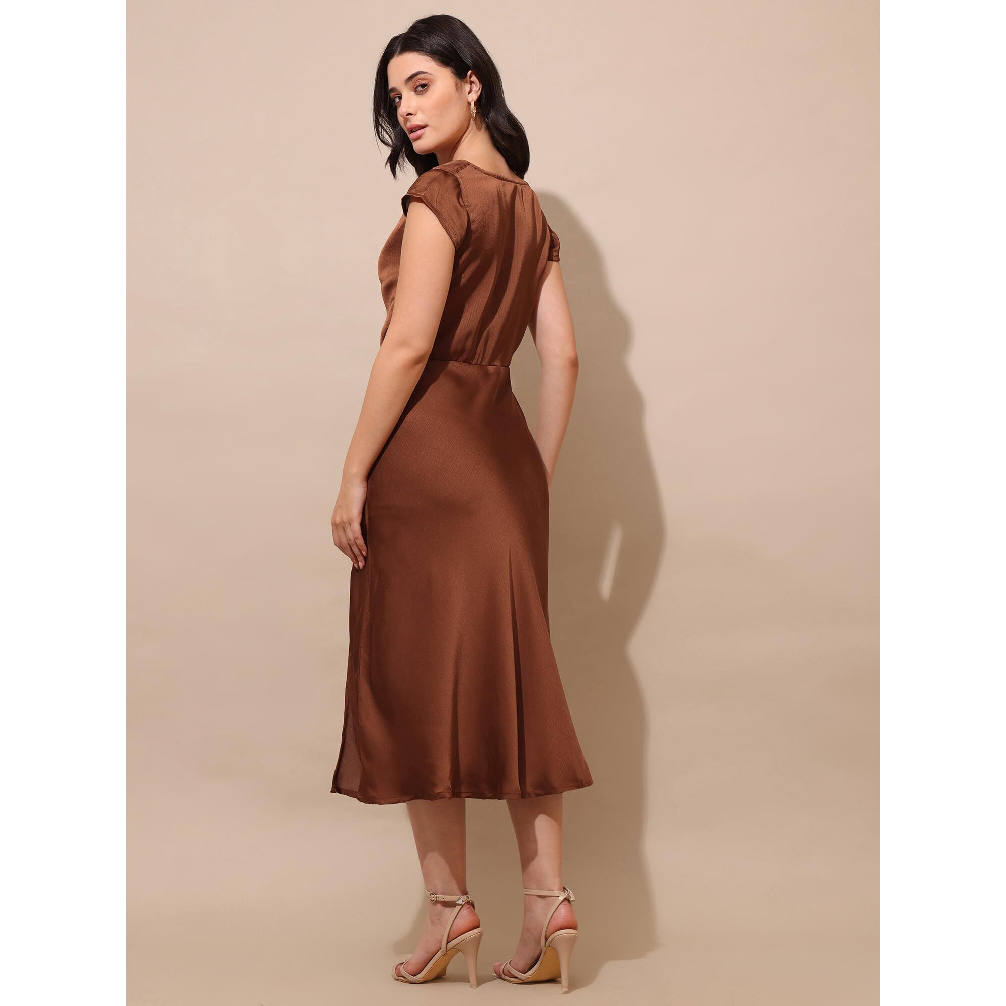 Purvaja Womens Cowl Neck Silk Blend Dress (Floe-118-Xxl_Brown)