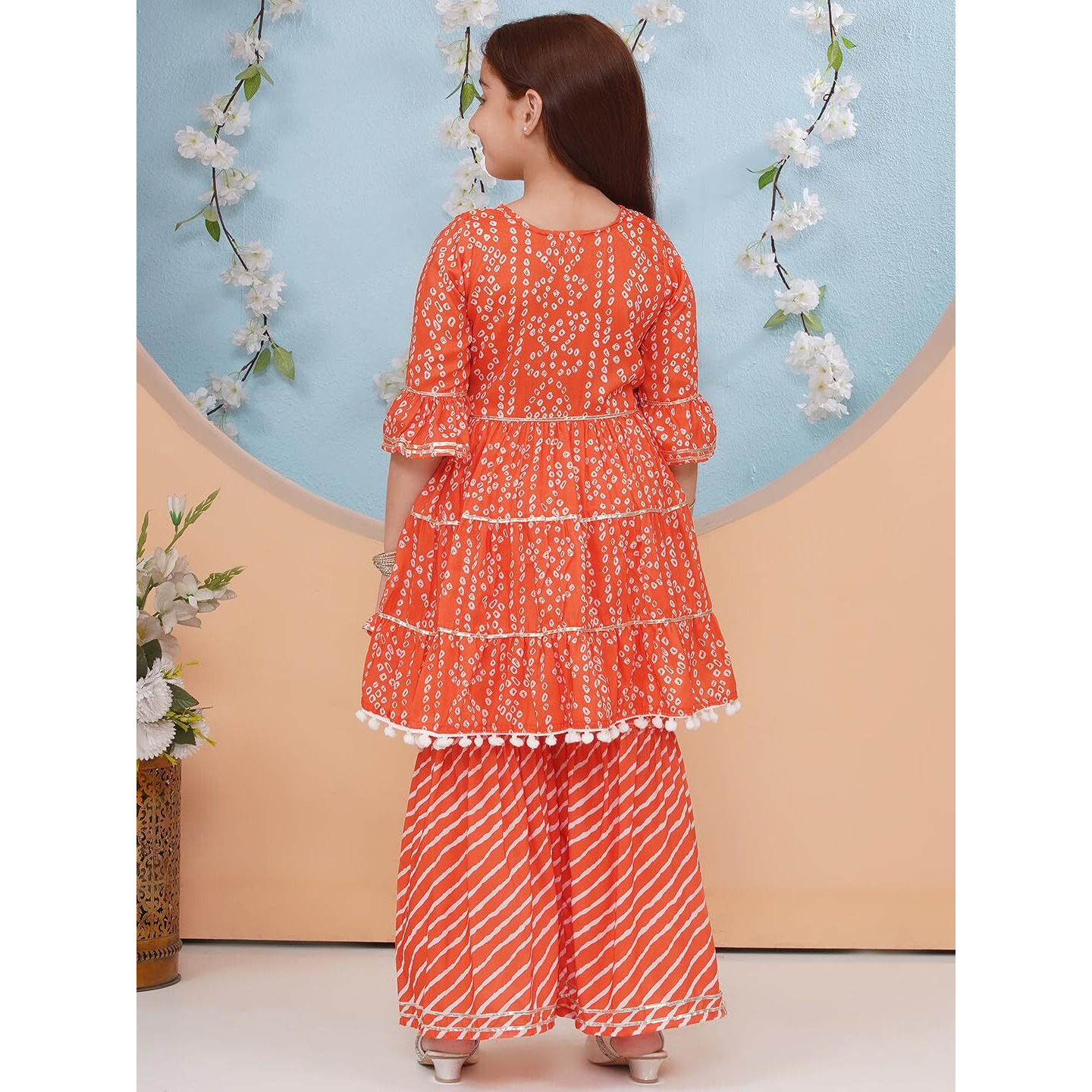 Preneum Girls's Cotton Rayon Bandhani & Lahariya Printed Angrakha Kurta With Sharara & Dupatta, Orange, 9-10 Years