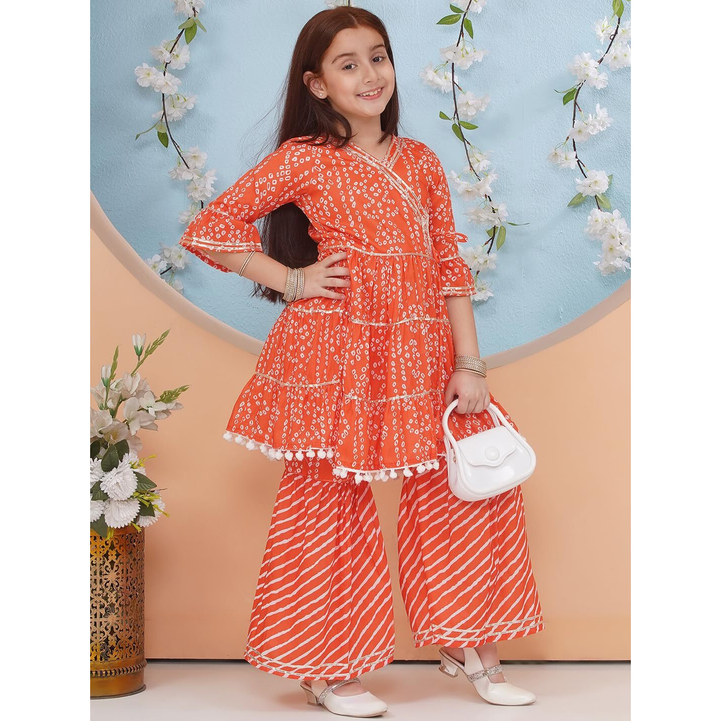 Preneum Girls's Cotton Rayon Bandhani & Lahariya Printed Angrakha Kurta With Sharara & Dupatta, Orange, 9-10 Years