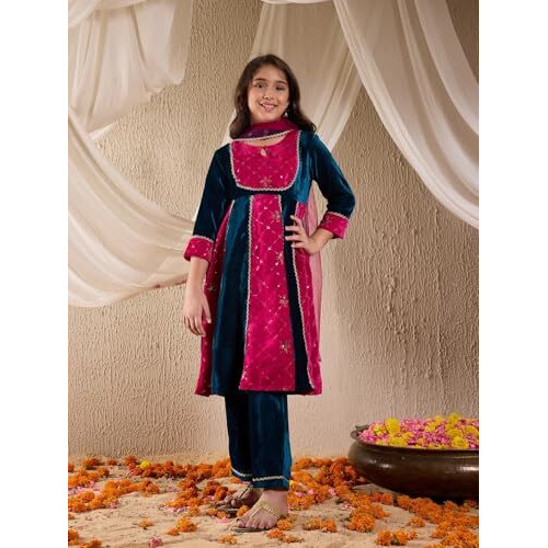 Pspeaches Girl's Silk Kurta Set (Ks-Magseqvelvet-13-14Y_Teal