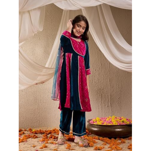 Pspeaches Girl's Silk Kurta Set (Ks-Magseqvelvet-13-14Y_Teal