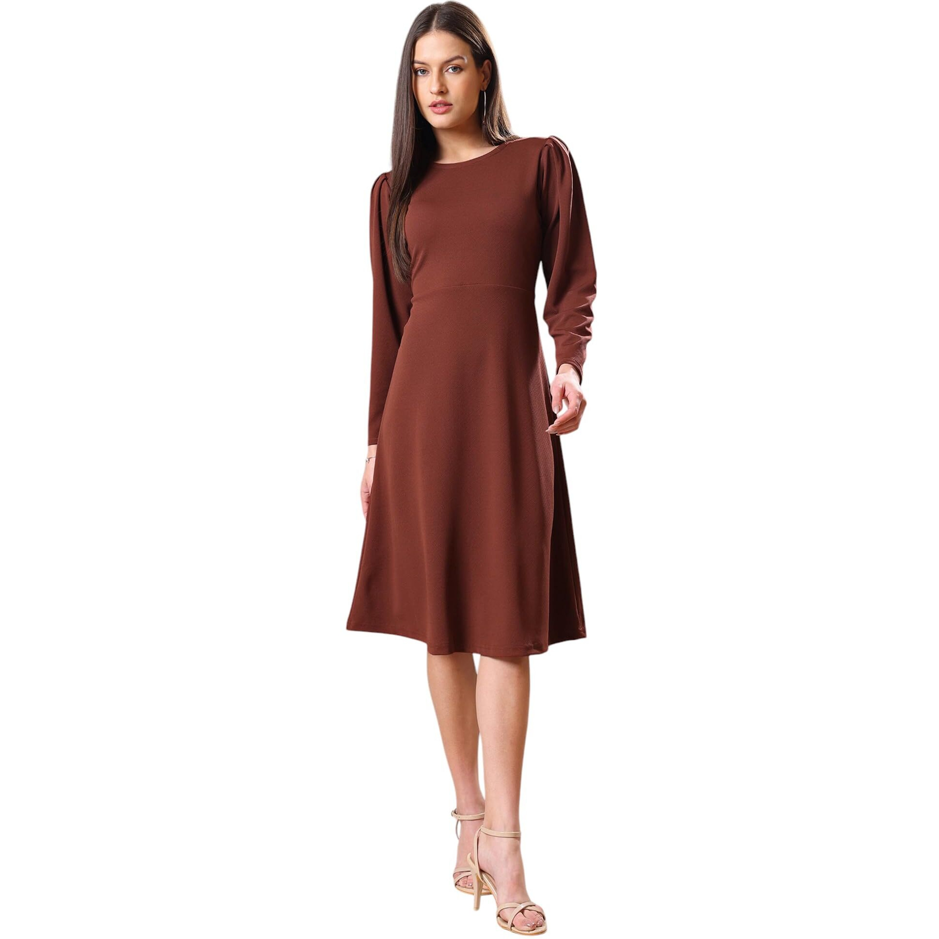 Purvaja Womens A-Line Knee Length Dress (Bely-069_Brown_X-Large)