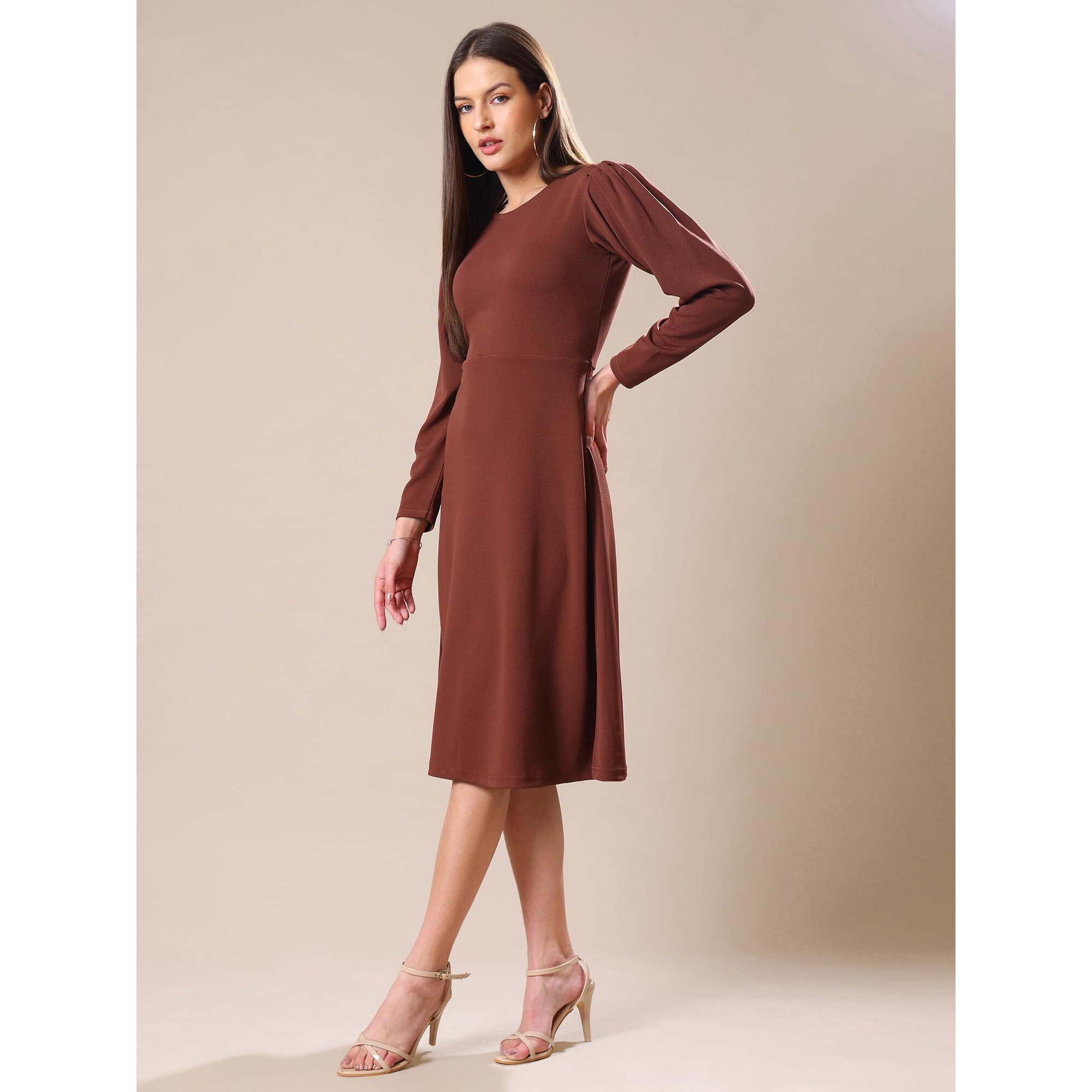 Purvaja Womens A-Line Knee Length Dress (Bely-069_Brown_X-Large)