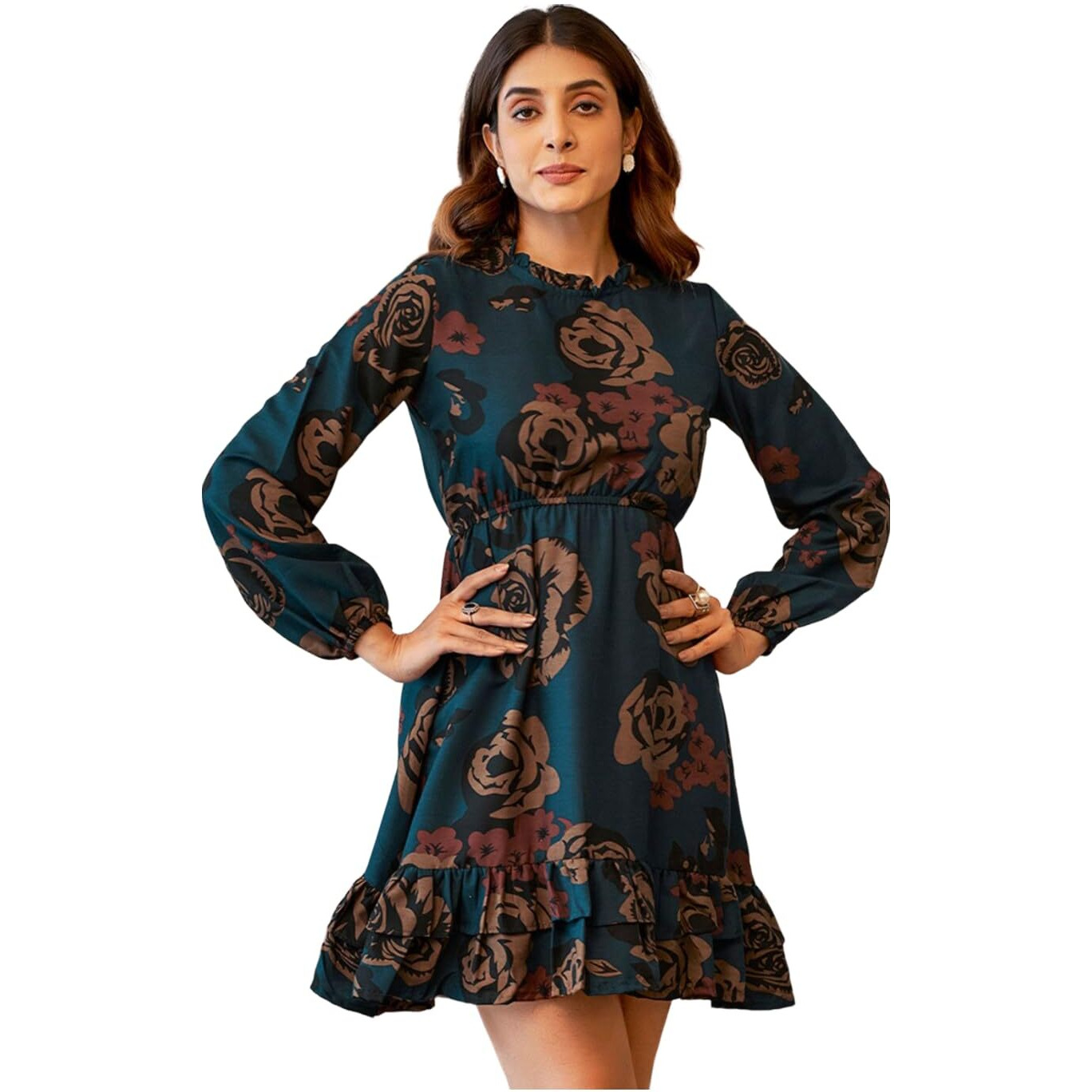 Selvia Women's Western Dress | Printed Full Sleeve Rayon Blend Western Dress For Women | Banded Collar Fit & Flare Dress For Women | One Piece Dress For Women (637Dtk7714N-L_Rama Green & Multi)