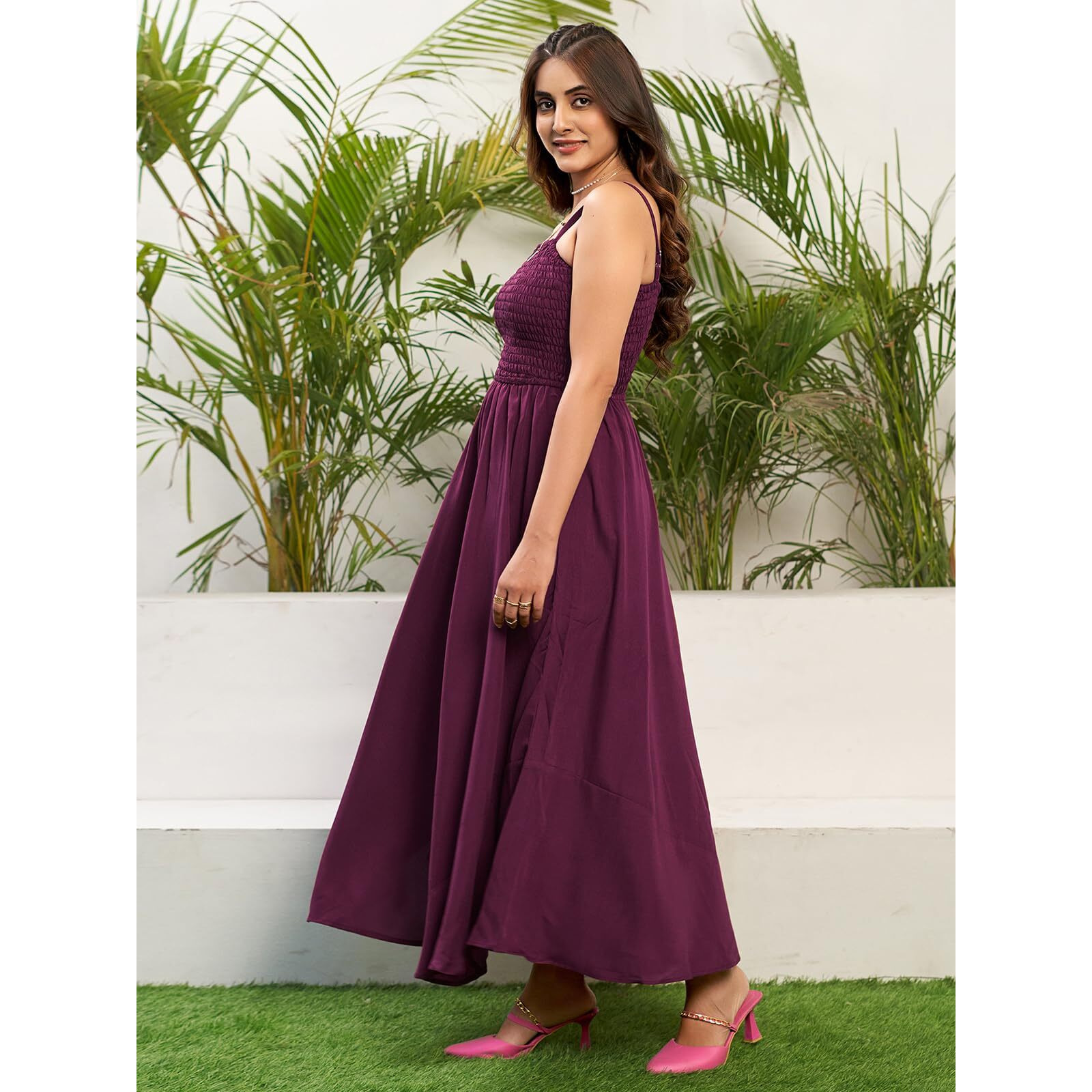 Selvia Western Dress For Women | Smoking Rayon Blend Western Dress For Women | Fit & Flare Dress For Women | One Piece Dress For Women (706Dtk7902N-M_Wine)