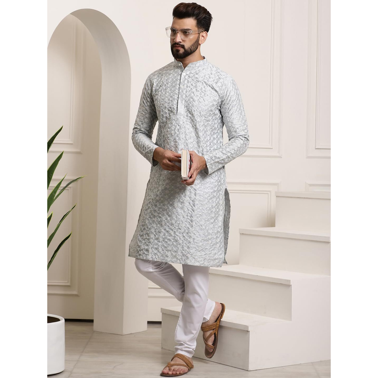 Sojanya (Since 1958 Men's Silk Blend Light Grey Embroidered Kurta & White Churidar Pyjama Set