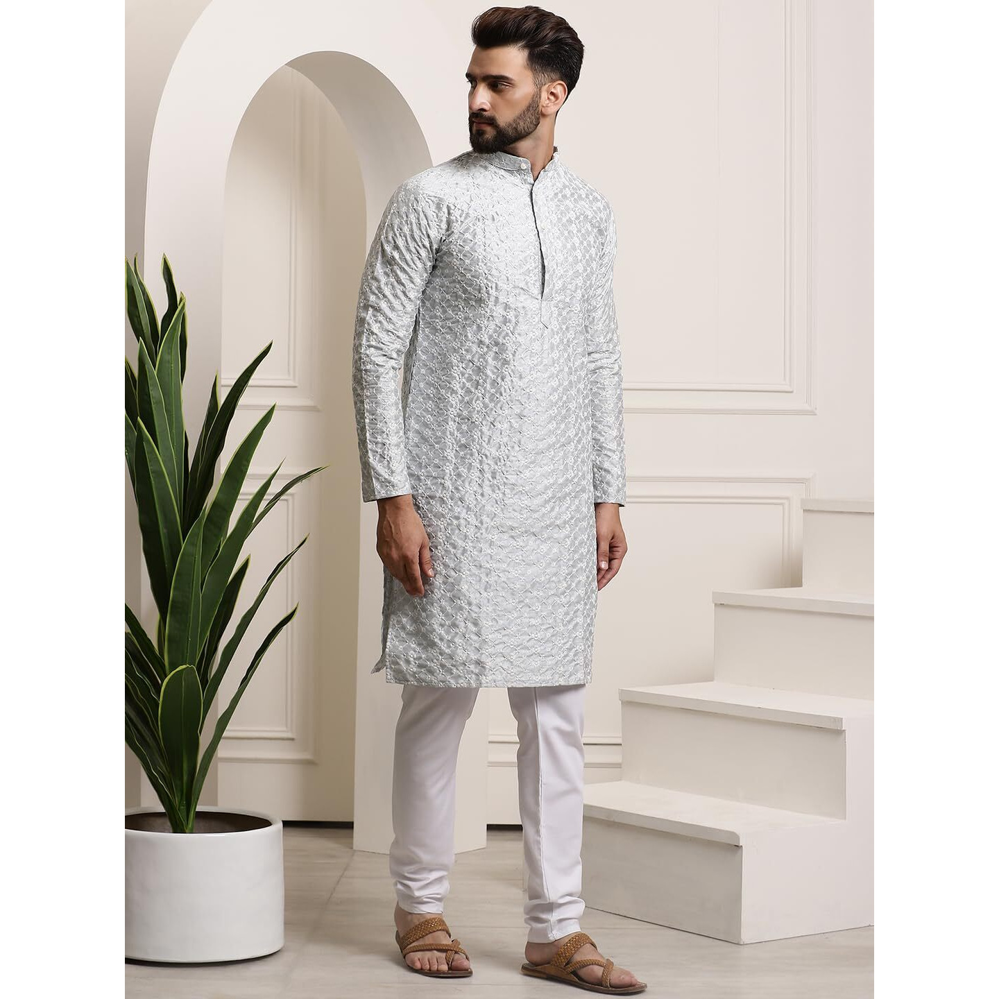Sojanya (Since 1958 Men's Silk Blend Light Grey Embroidered Kurta & White Churidar Pyjama Set