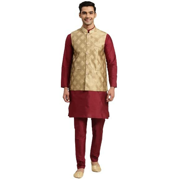 Sojanya (Since 1958 Men's Silk Blend Maroon Kurta & Churidaar Pyjama With Gold Foil Embroidery Nehru Jacket Set