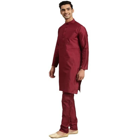 Sojanya (Since 1958 Men's Silk Blend Maroon Kurta & Churidaar Pyjama With Gold Foil Embroidery Nehru Jacket Set