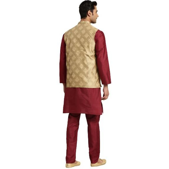 Sojanya (Since 1958 Men's Silk Blend Maroon Kurta & Churidaar Pyjama With Gold Foil Embroidery Nehru Jacket Set