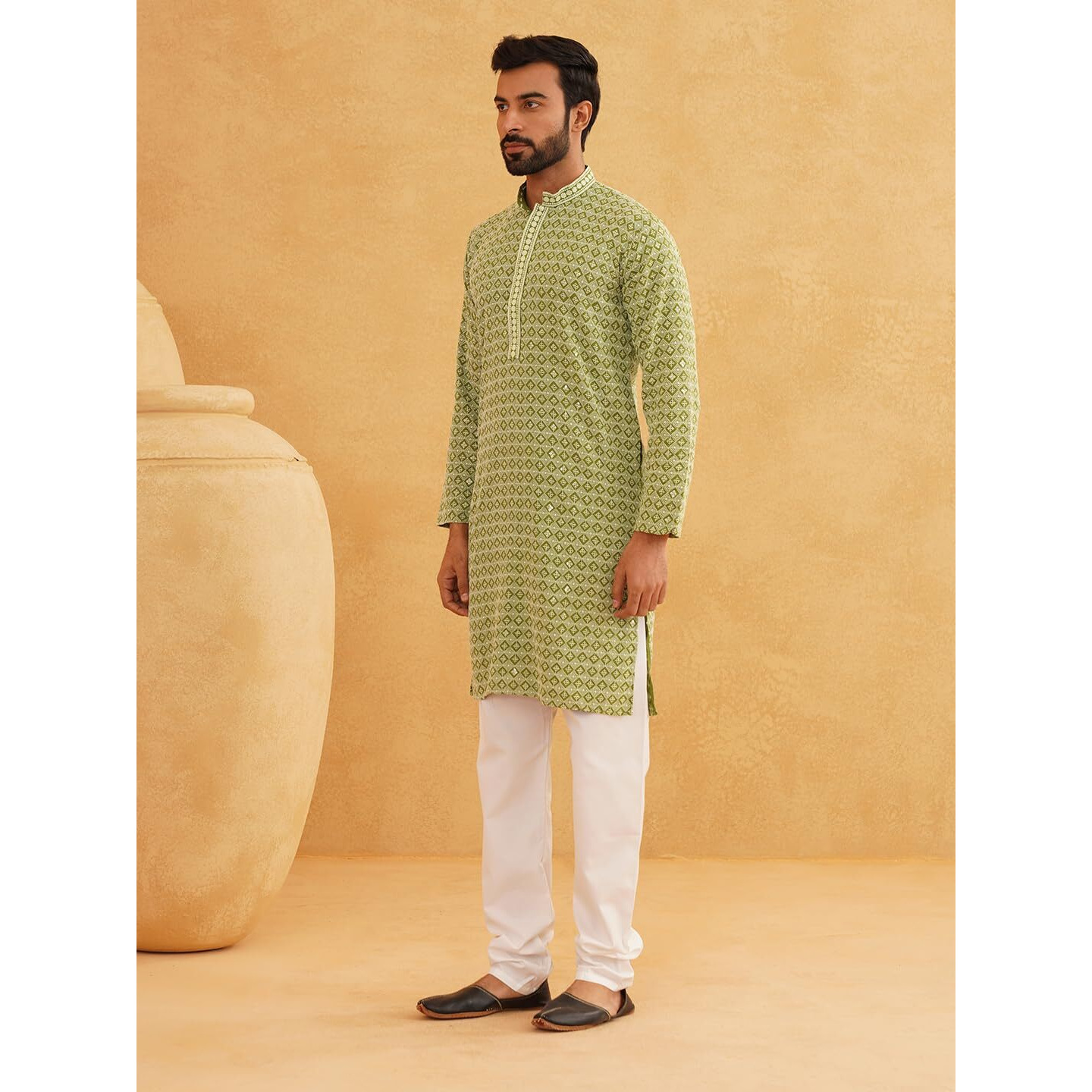 Sojanya (Since 1958 Men's Cotton Contrast Embroidered Sequinned Pista Green Long Kurta Size 44