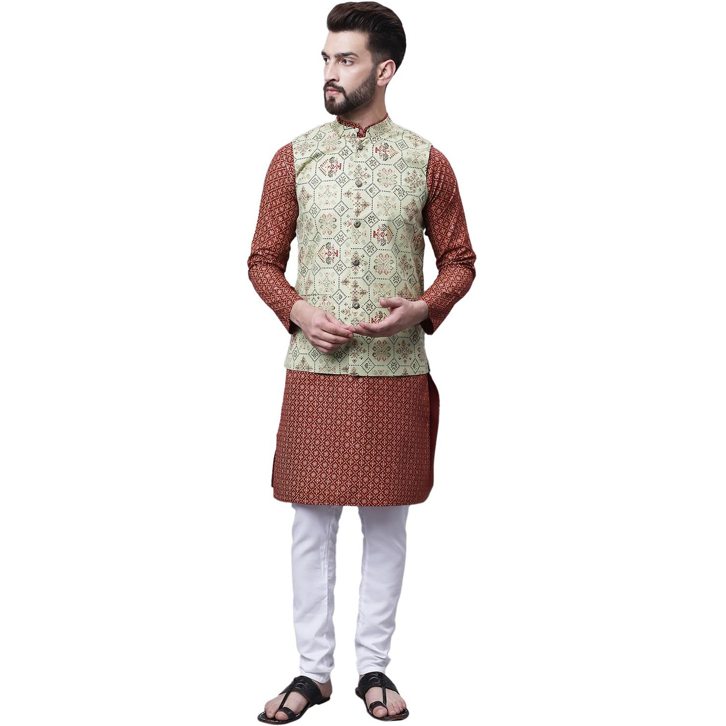 Sojanya (Since 1958 Men's Cotton Linen Maroon Kurta And White Pyjama With Pista Green Cotton Nehru Jacket