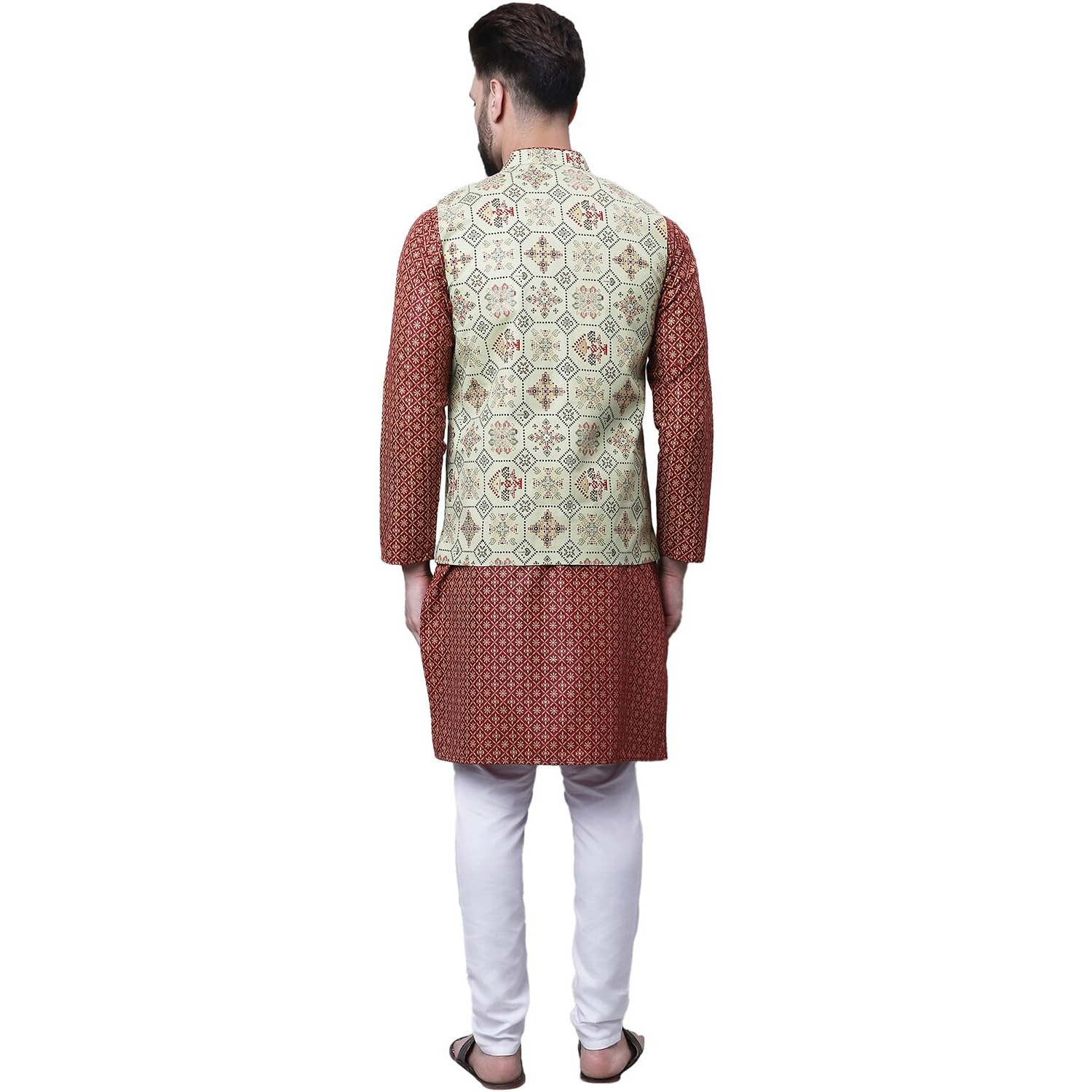 Sojanya (Since 1958 Men's Cotton Linen Maroon Kurta And White Pyjama With Pista Green Cotton Nehru Jacket