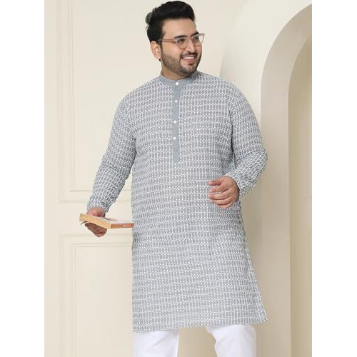 Sojanya Plus(Since 1958) Men's Pure Cotton Grey Kurta With White Embroidery