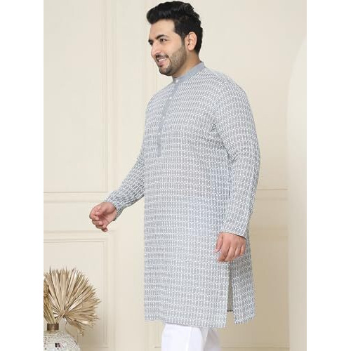 Sojanya Plus(Since 1958) Men's Pure Cotton Grey Kurta With White Embroidery