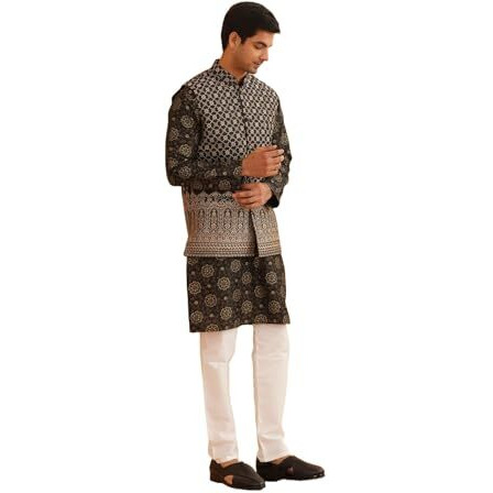 Sojanya (Since 1958 Men's Silk Blend Black Kurta & Off White Pyjama With Black Nehru Jacket