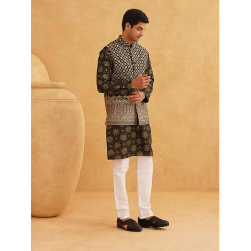 Sojanya (Since 1958 Men's Silk Blend Black Kurta & Off White Pyjama With Black Nehru Jacket