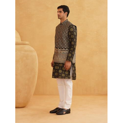 Sojanya (Since 1958 Men's Silk Blend Black Kurta & Off White Pyjama With Black Nehru Jacket