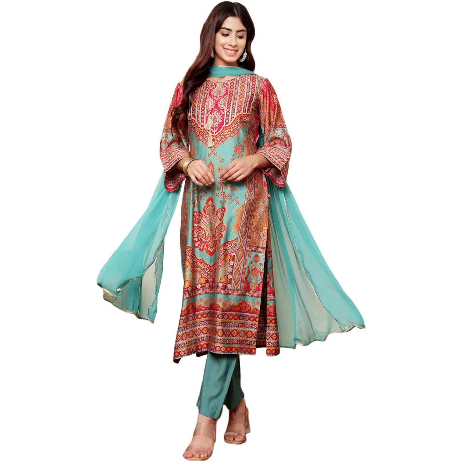 Varanga Women Turkish Ethnic Printed Zari & Gota Lace Detailed Kurta With Solid Trouser & Dupatta  Elegant Ethnic Set