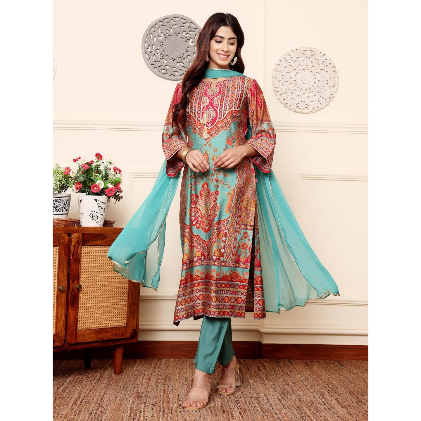 Varanga Women Turkish Ethnic Printed Zari & Gota Lace Detailed Kurta With Solid Trouser & Dupatta  Elegant Ethnic Set