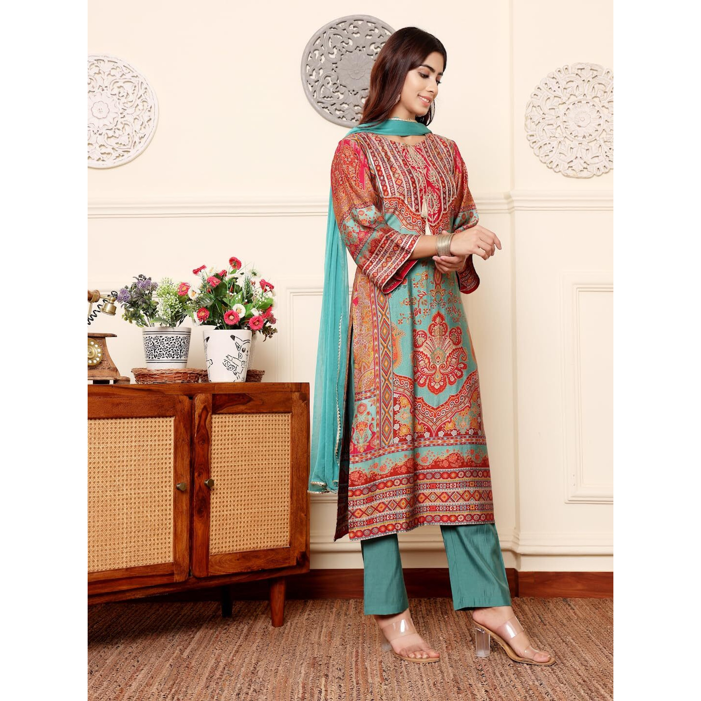 Varanga Women Turkish Ethnic Printed Zari & Gota Lace Detailed Kurta With Solid Trouser & Dupatta  Elegant Ethnic Set