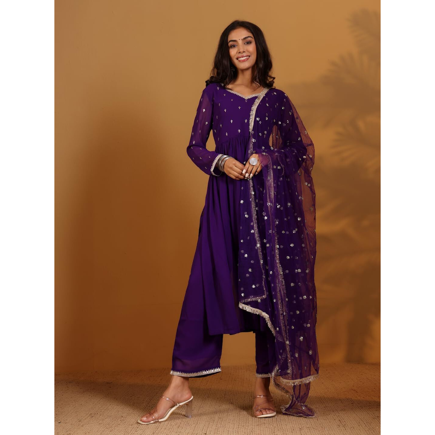 Varanga Zari & Sequin Embroidered Flared Kurta With Bottom And Dupatta Purple