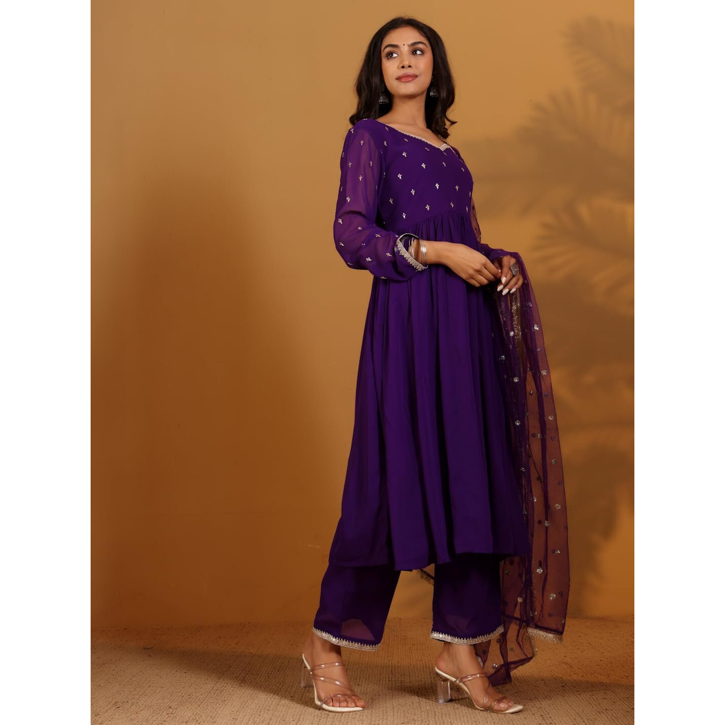 Varanga Zari & Sequin Embroidered Flared Kurta With Bottom And Dupatta Purple
