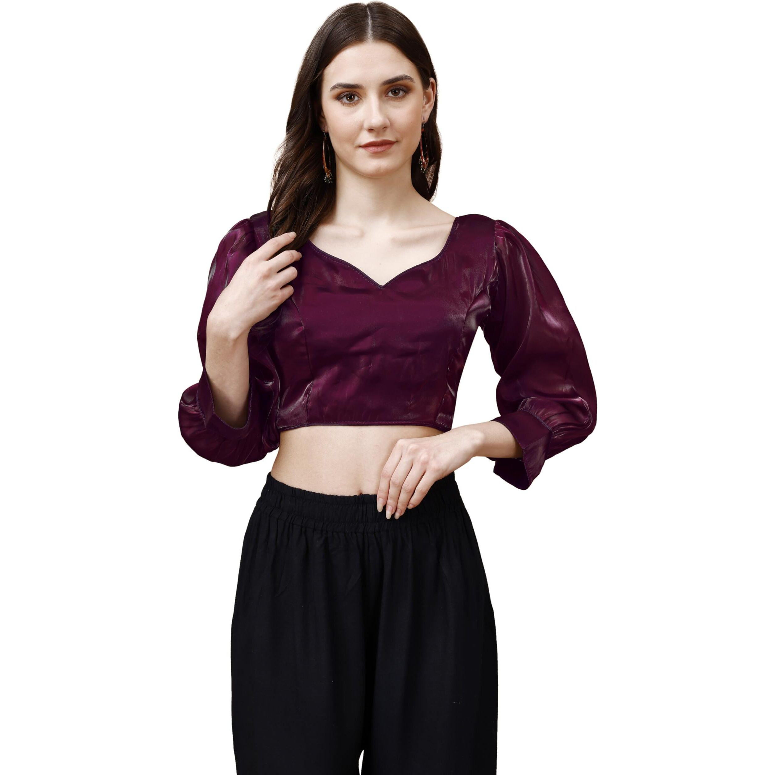 Womanista Women's Synthetic Solid Three-Quarter Sleeves Regular Fit Sequinned Blouse (Bl_31A_Magenta S)