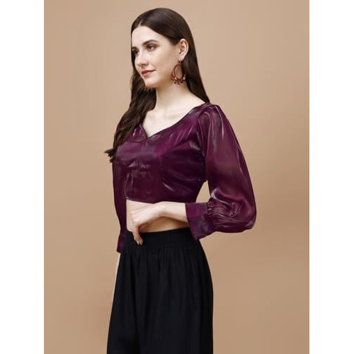 Womanista Women's Synthetic Solid Three-Quarter Sleeves Regular Fit Sequinned Blouse (Bl_31A_Magenta S)