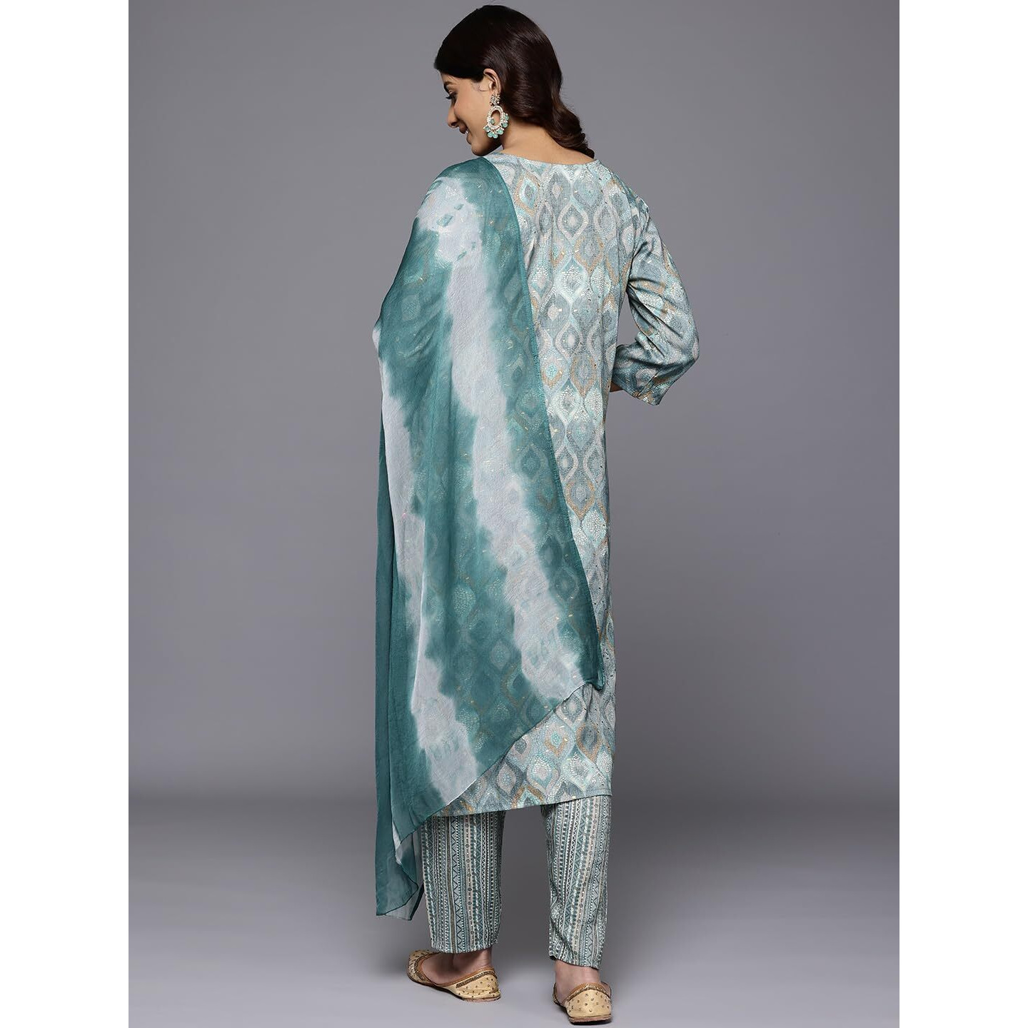 Varanga Women's Turquiose Blue Round Neck Embroidered Yoke Printed Kurta Paired With Printed Bottom & Tie-Dye Dupatta