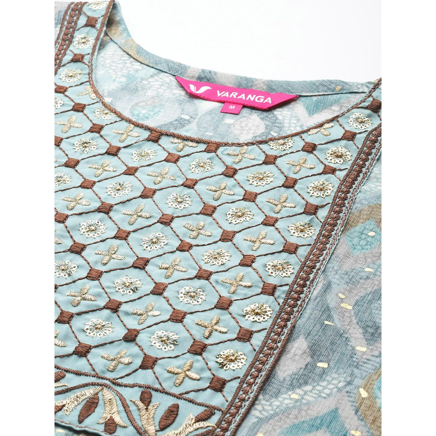Varanga Women's Turquiose Blue Round Neck Embroidered Yoke Printed Kurta Paired With Printed Bottom & Tie-Dye Dupatta