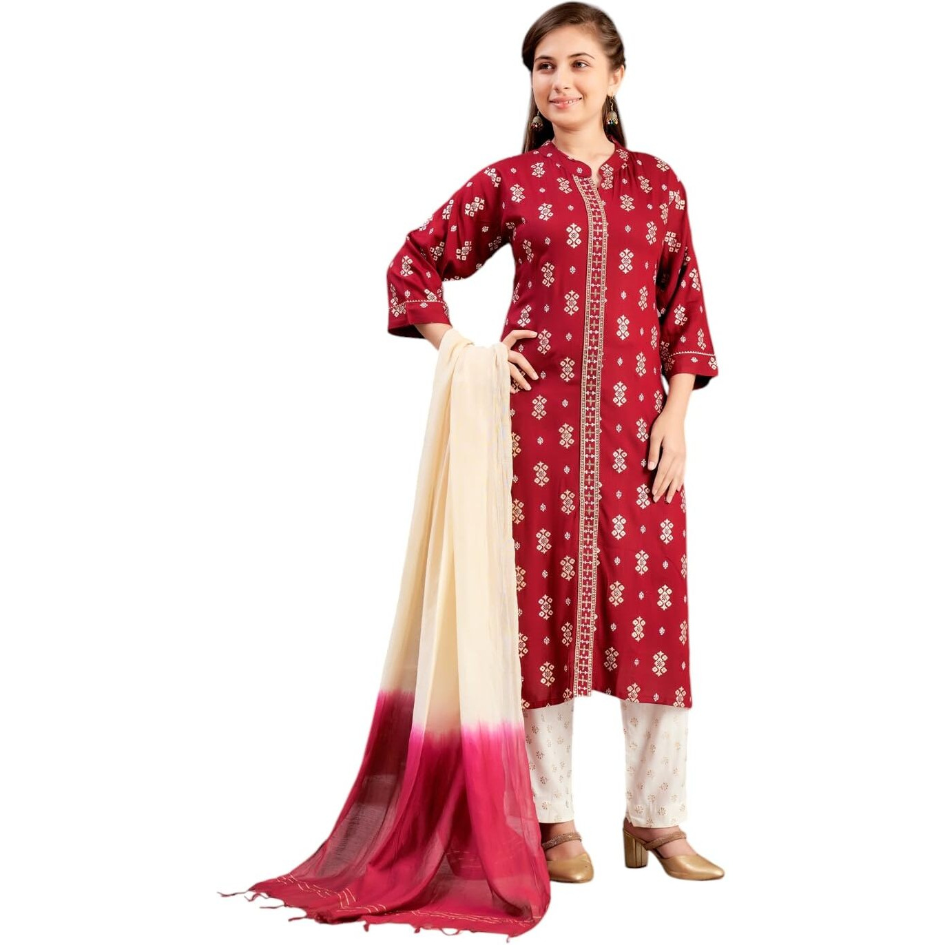 Aarika Girls Ethnic Wear Maroon-Off White Colour Foil Print Rayon Kurti Pant Set-8-15 Years (Kp-Sd-2944)