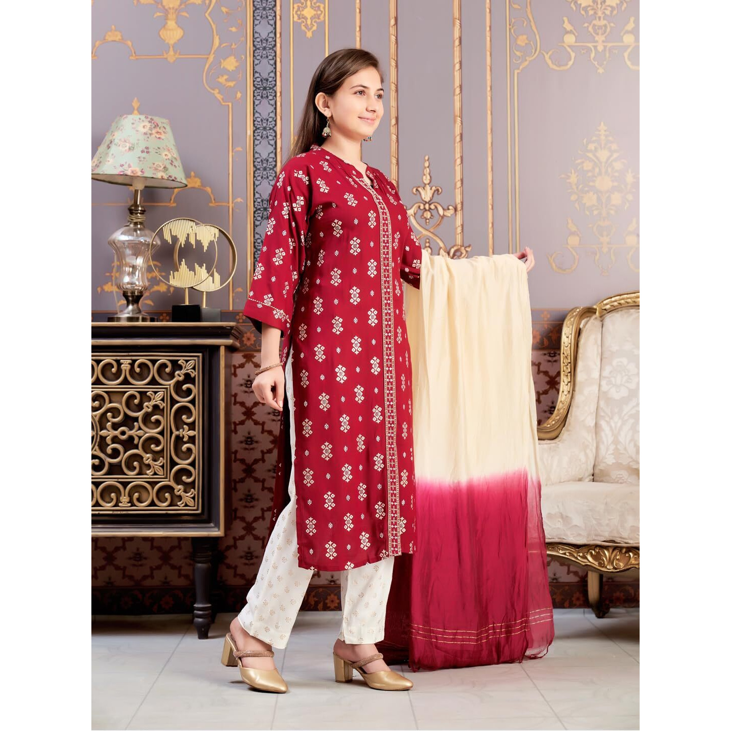 Aarika Girls Ethnic Wear Maroon-Off White Colour Foil Print Rayon Kurti Pant Set-8-15 Years (Kp-Sd-2944)