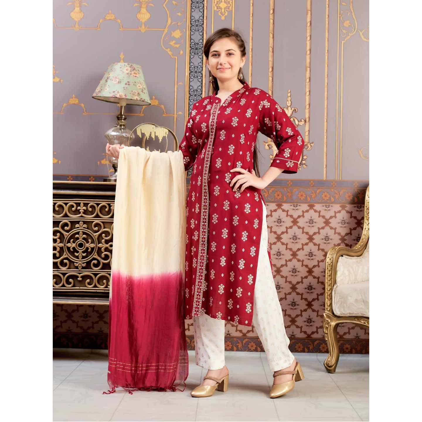 Aarika Girls Ethnic Wear Maroon-Off White Colour Foil Print Rayon Kurti Pant Set-8-15 Years (Kp-Sd-2944)