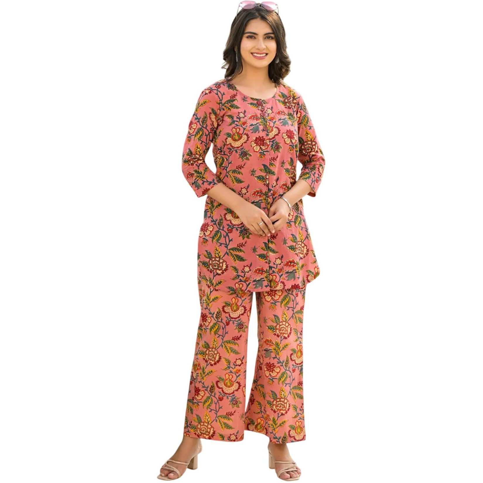 Fabnex Women's Cotton Blend Floral Printed Kurta Set With Palazzo | Ethnic Wear Kurti Pant Set (K-119-120) (Peach, 2Xl)