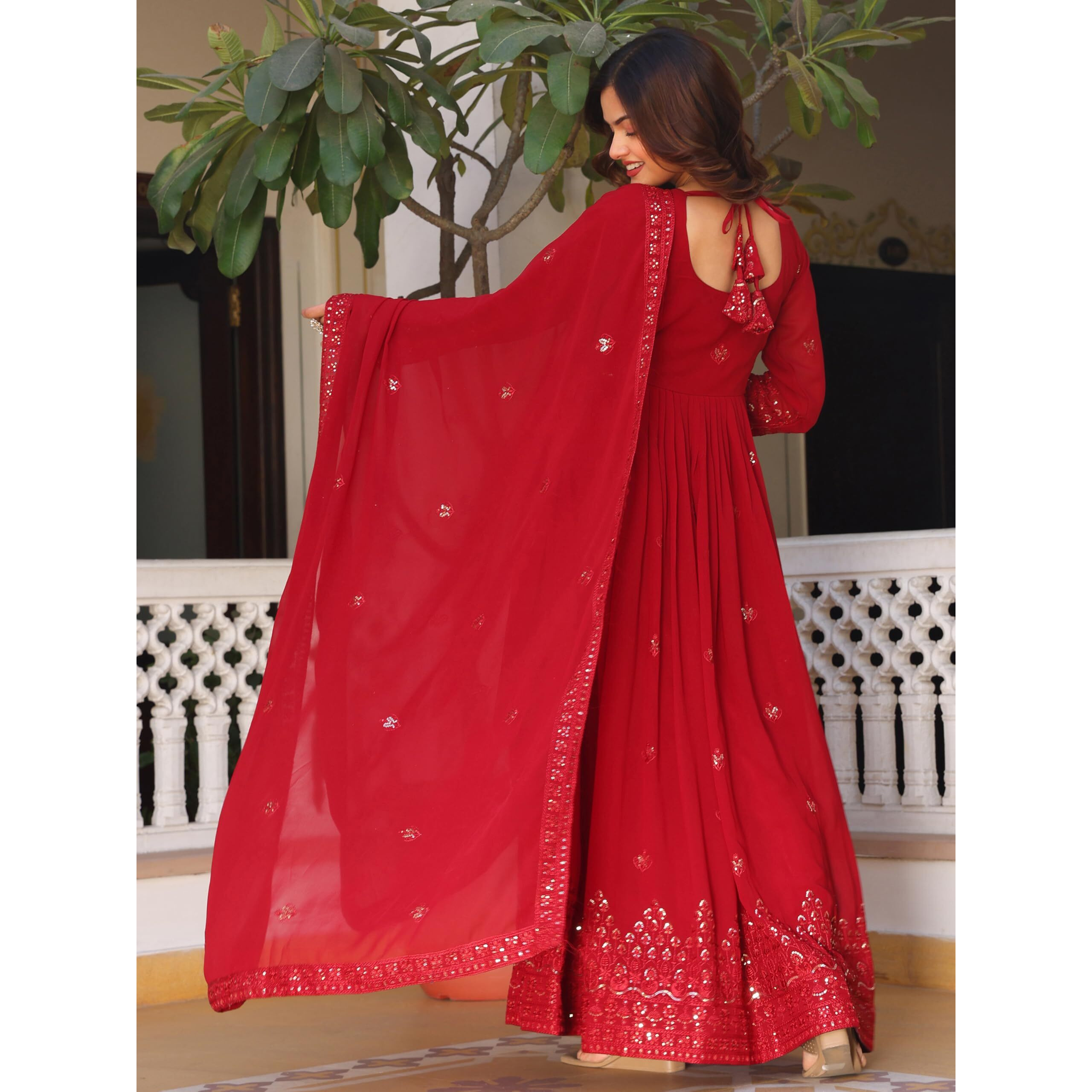 Fashion Basket Georgette Anarkali Kurta Set For Women Red