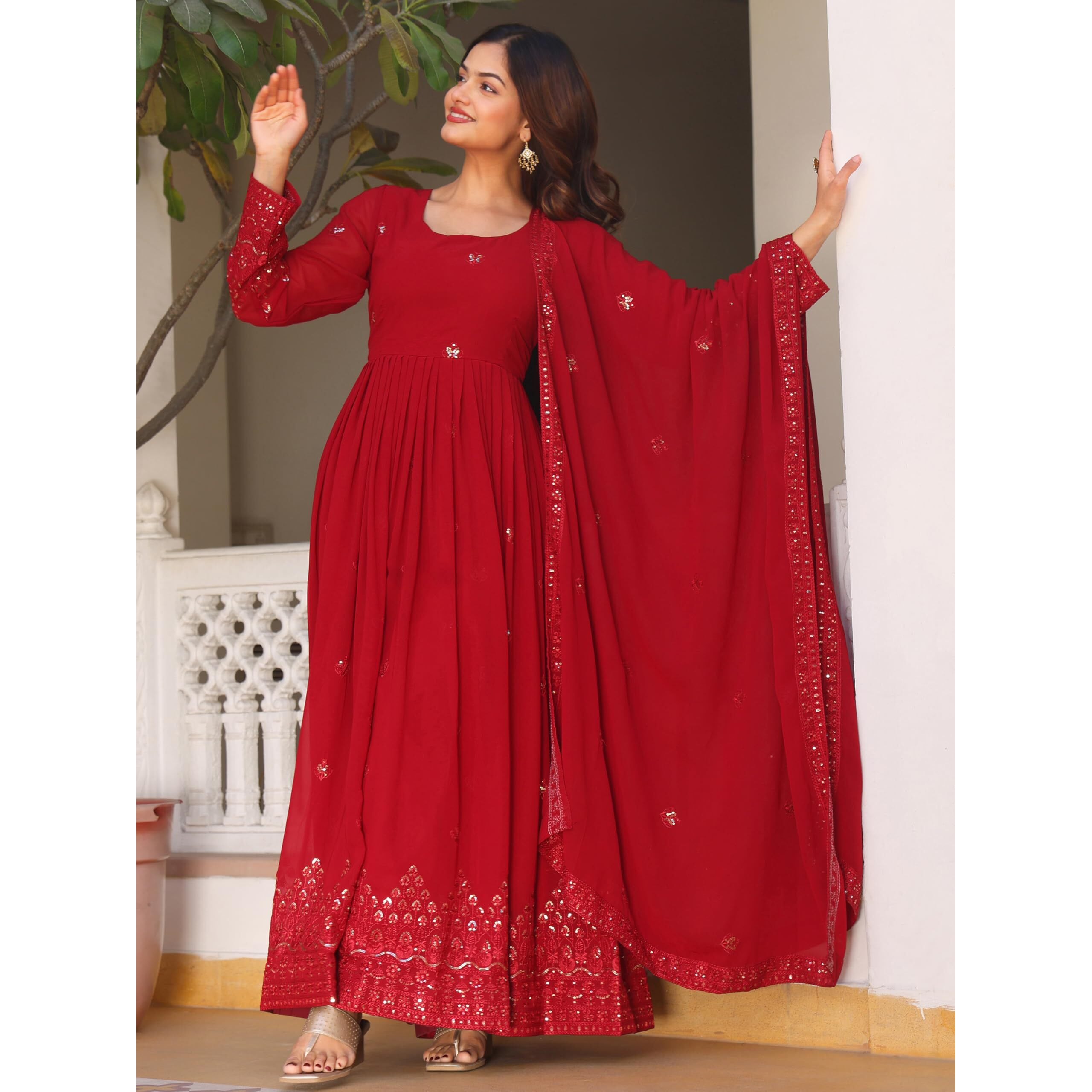 Fashion Basket Georgette Anarkali Kurta Set For Women Red