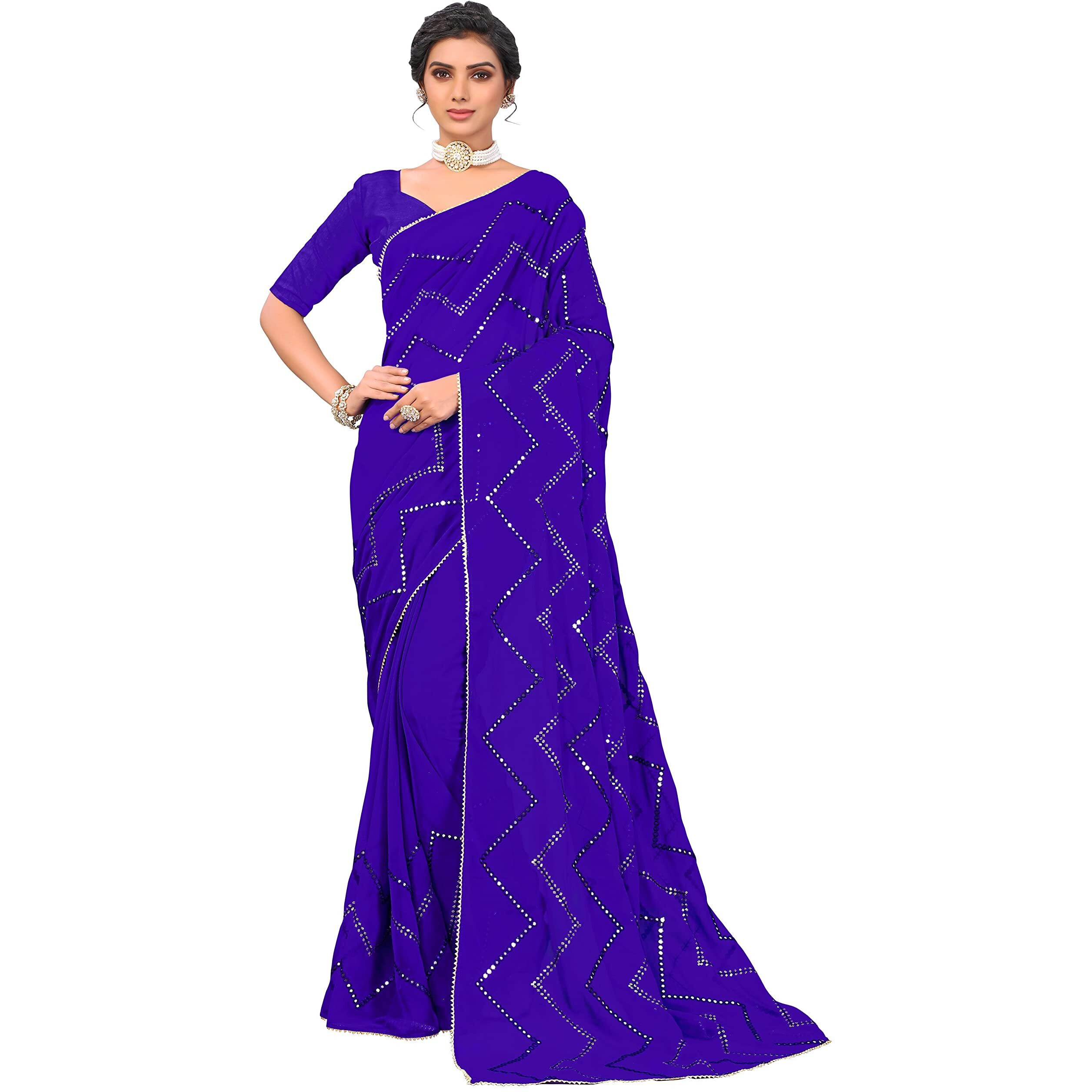 Glory Sarees Womens Georgette Sequins Embroidery Saree With Blouse Piece (Sequence101_Blue)