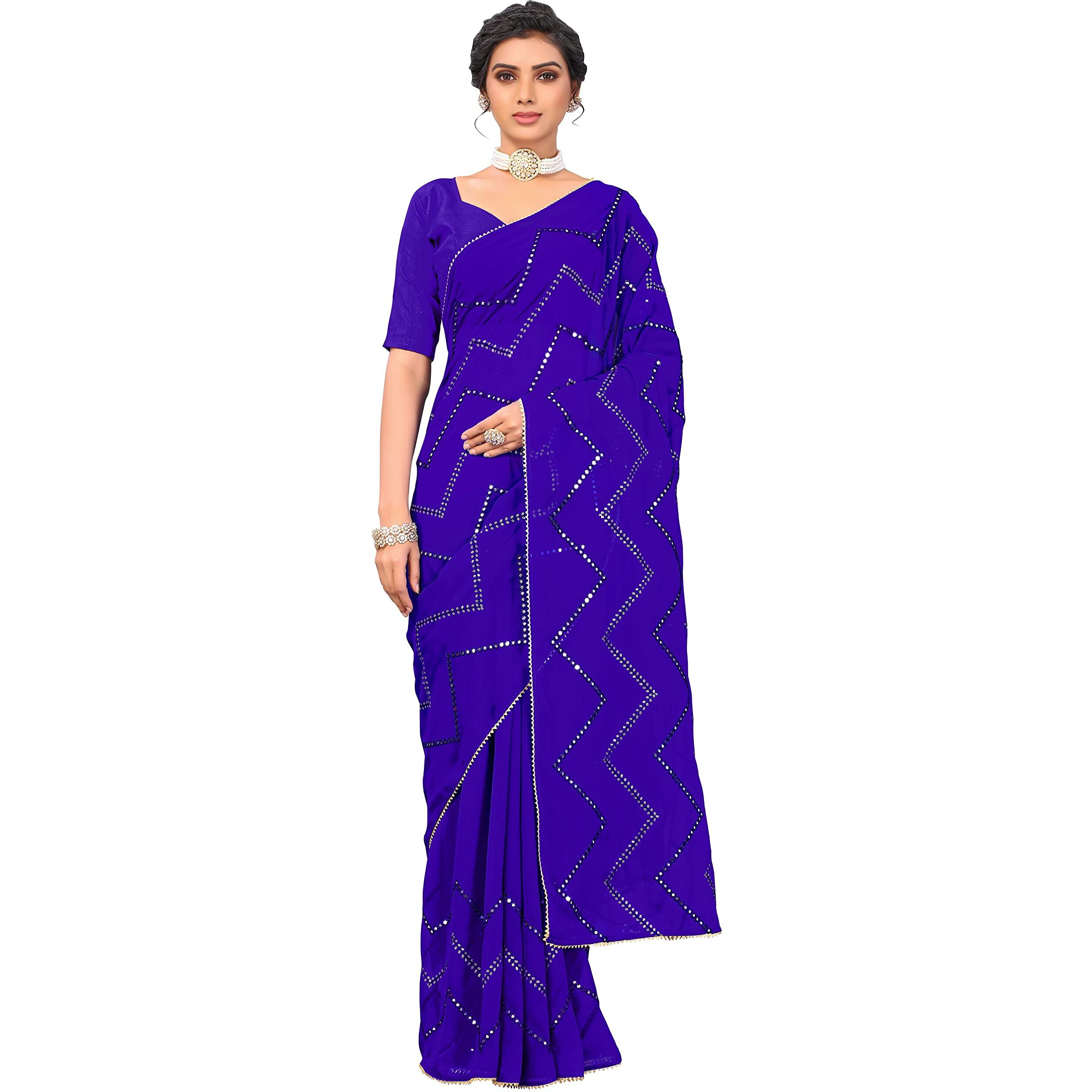 Glory Sarees Womens Georgette Sequins Embroidery Saree With Blouse Piece (Sequence101_Blue)