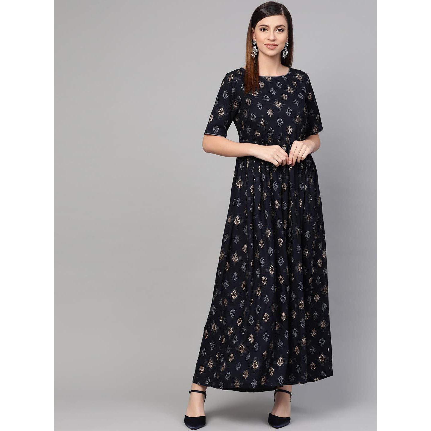 Idalia Navy Blue Gold Pure Cotton 3/4 Sleeve Kurta Set With Dupatta For Women