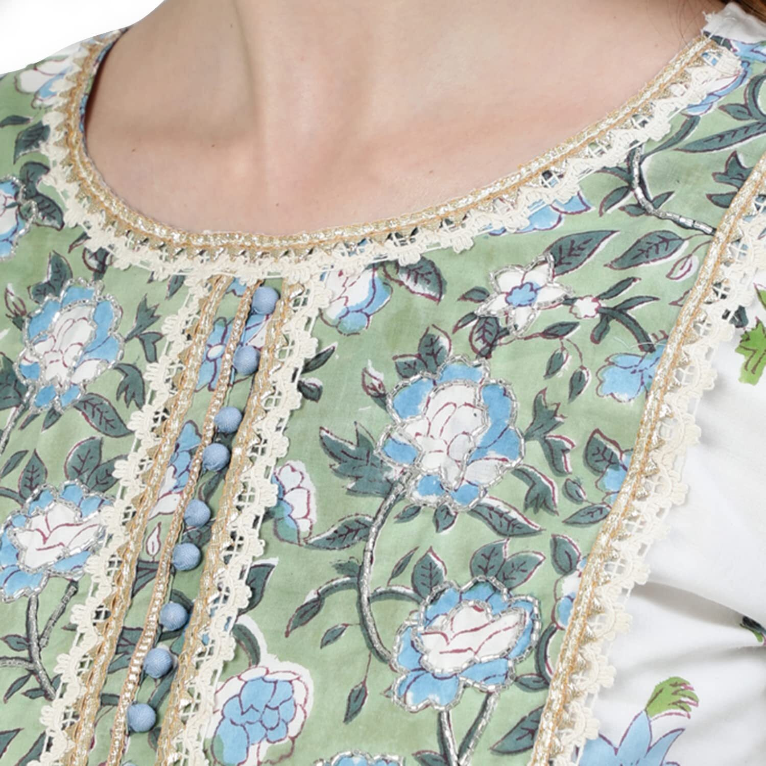 Ishin Womens Pure Cotton Embroidered A-Line Kurta Suit Set With Dupatta & Pants Dhkpldpnk-13038_Xxl_White & Green